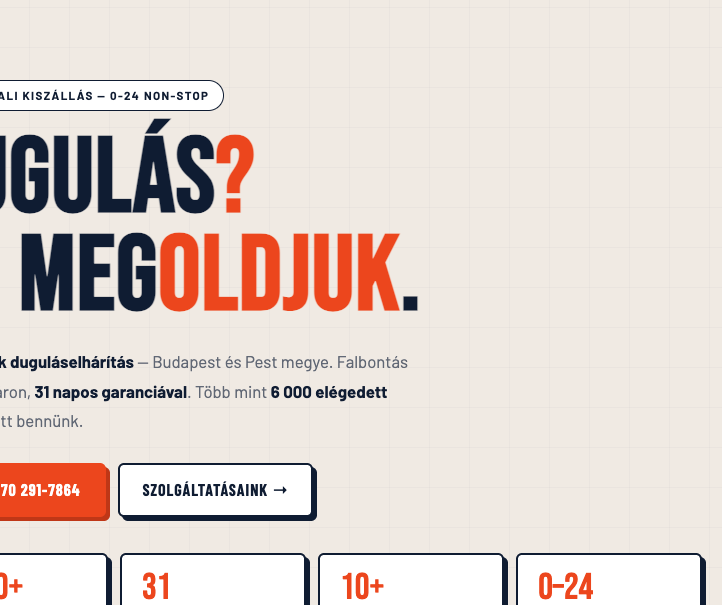 Duguláselhárítás plumbing company website screenshot